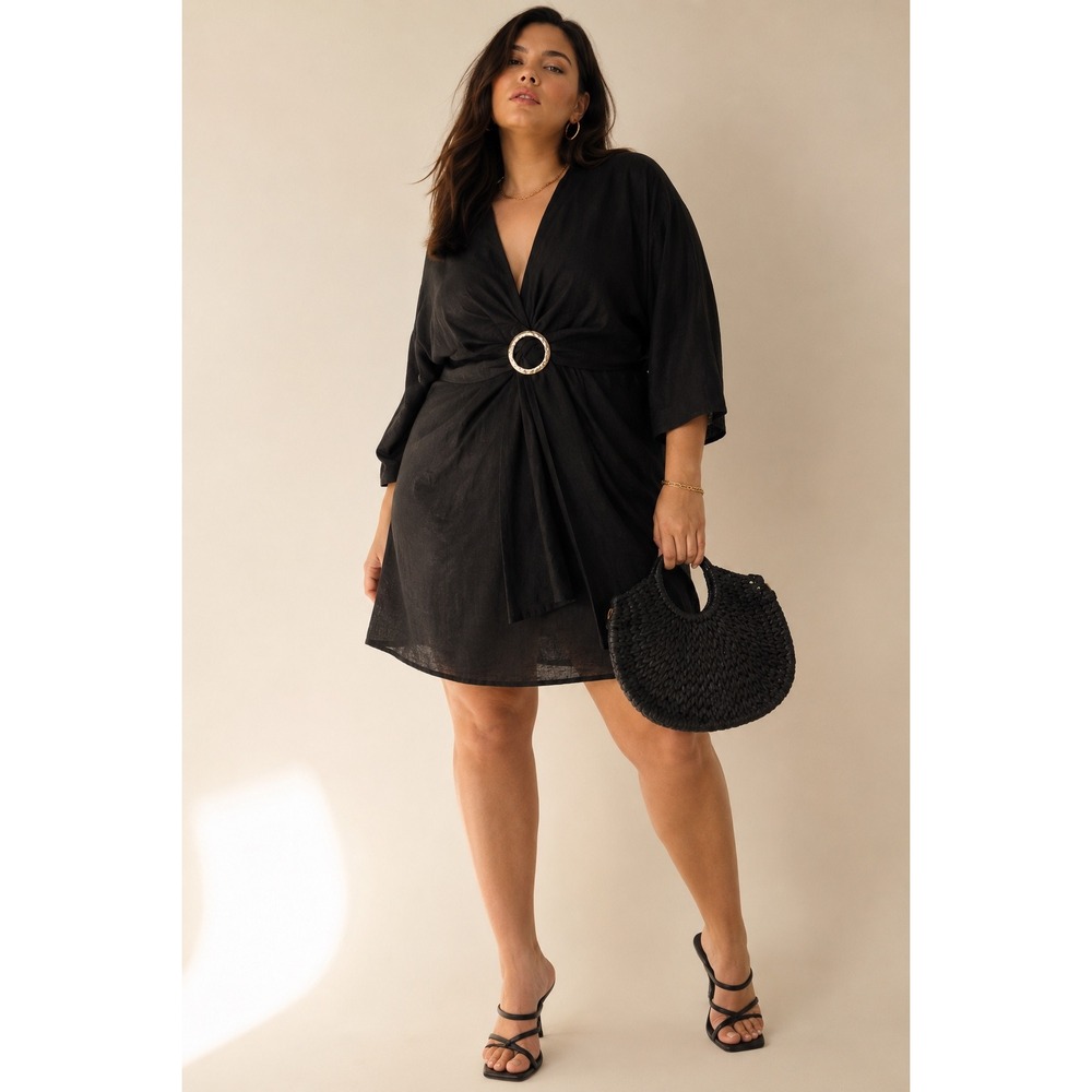 NWT ELOQUII Black Linen Blend O-Ring Mini Dress Plus Size 14/16 Summer